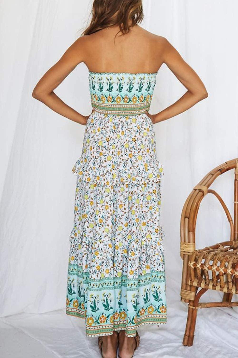 imageZESICA Womens Summer Boho Strapless Maxi Dress 2026 Casual Off Shoulder Smocked Flowy A Line Beach Holiday Long DressesLight Green