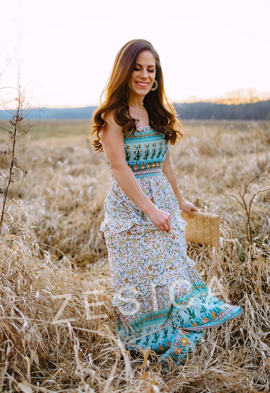imageZESICA Womens Summer Boho Strapless Maxi Dress 2026 Casual Off Shoulder Smocked Flowy A Line Beach Holiday Long DressesLight Green