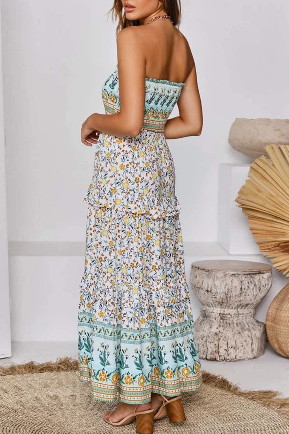 imageZESICA Womens Summer Boho Strapless Maxi Dress 2026 Casual Off Shoulder Smocked Flowy A Line Beach Holiday Long DressesLight Green