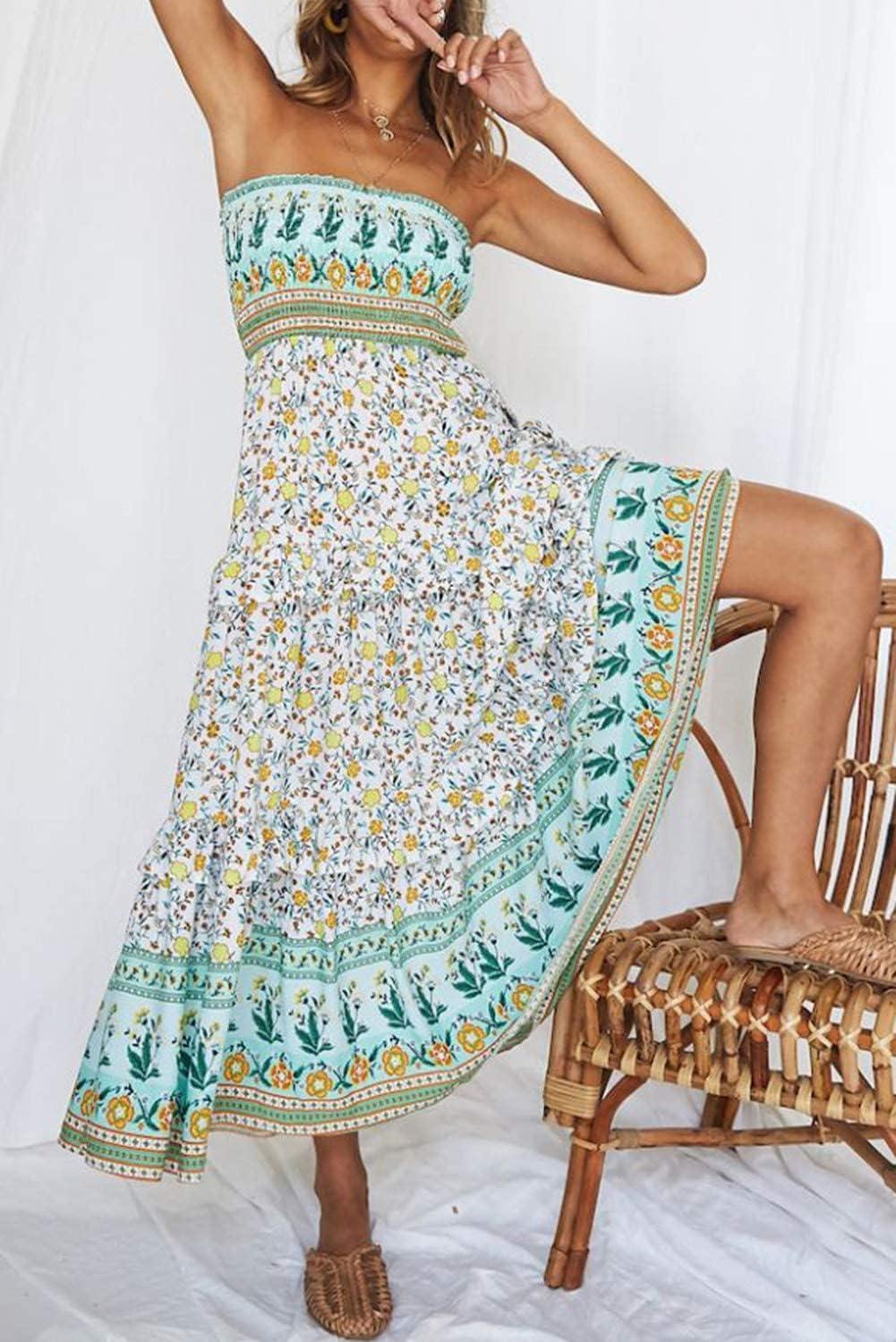 imageZESICA Womens Summer Boho Strapless Maxi Dress 2026 Casual Off Shoulder Smocked Flowy A Line Beach Holiday Long DressesLight Green