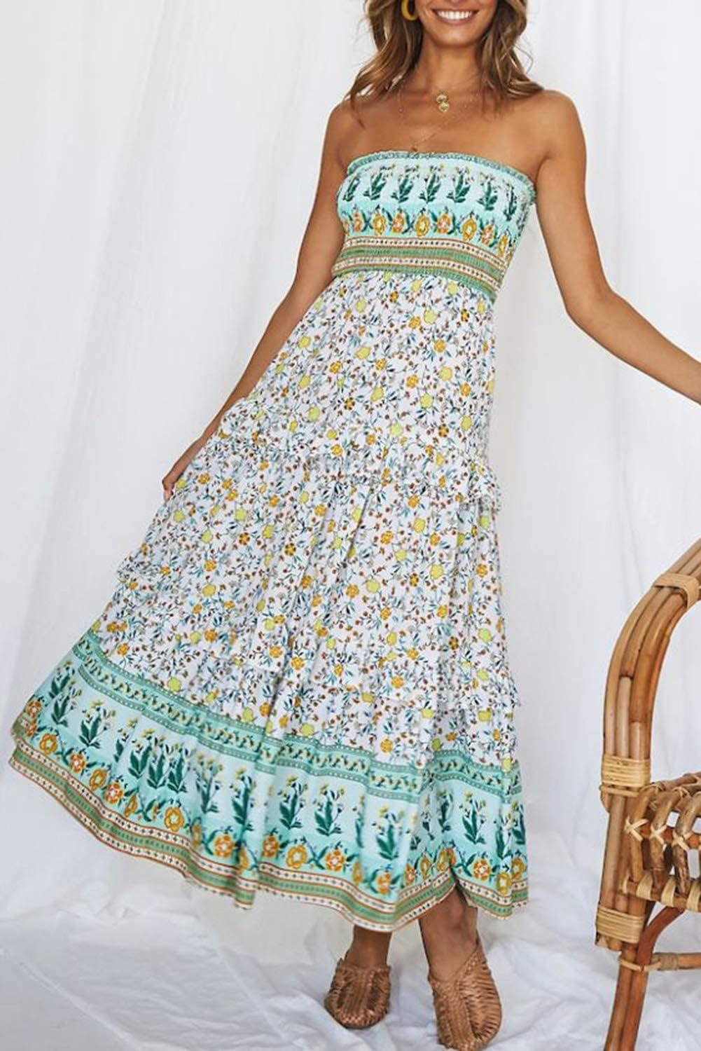 imageZESICA Womens Summer Boho Strapless Maxi Dress 2026 Casual Off Shoulder Smocked Flowy A Line Beach Holiday Long DressesLight Green