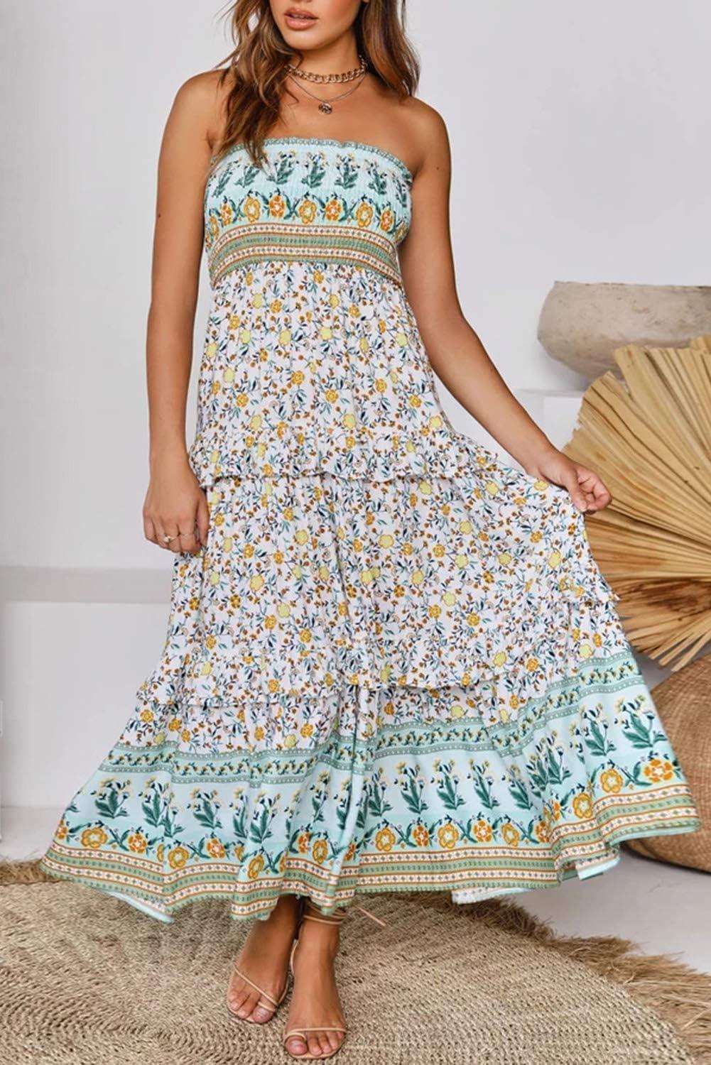 imageZESICA Womens Summer Boho Strapless Maxi Dress 2026 Casual Off Shoulder Smocked Flowy A Line Beach Holiday Long DressesLight Green