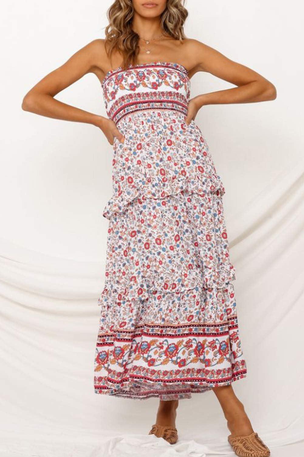 imageZESICA Womens Summer Boho Strapless Maxi Dress 2026 Casual Off Shoulder Smocked Flowy A Line Beach Holiday Long DressesPink