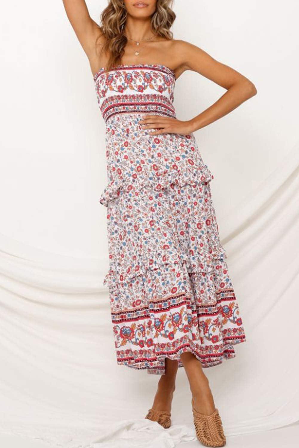 imageZESICA Womens Summer Boho Strapless Maxi Dress 2026 Casual Off Shoulder Smocked Flowy A Line Beach Holiday Long DressesPink