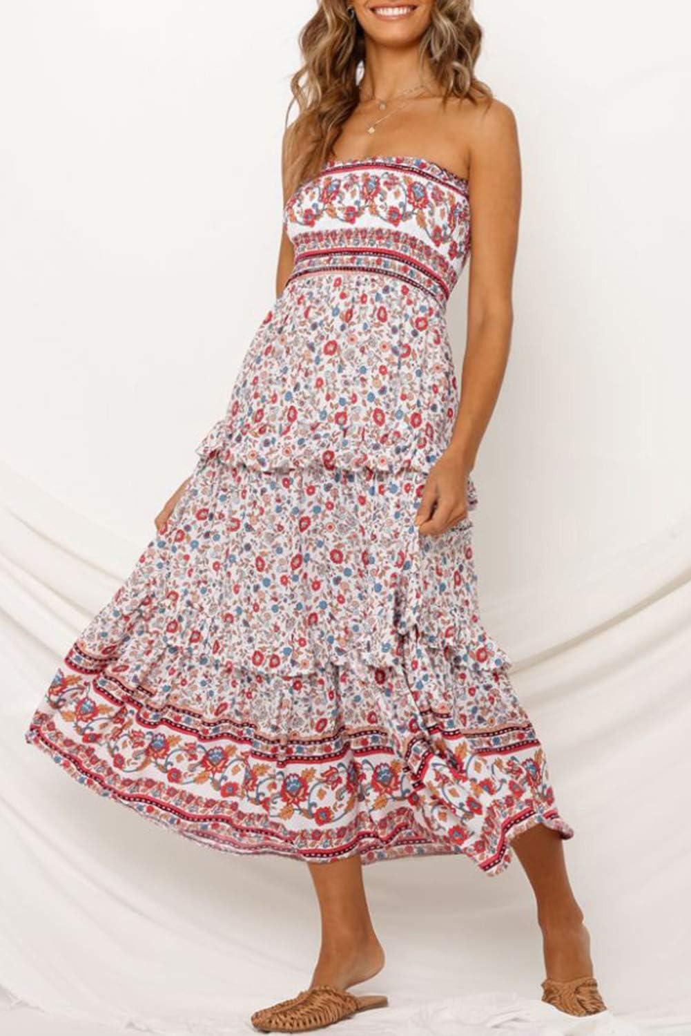 imageZESICA Womens Summer Boho Strapless Maxi Dress 2026 Casual Off Shoulder Smocked Flowy A Line Beach Holiday Long DressesPink