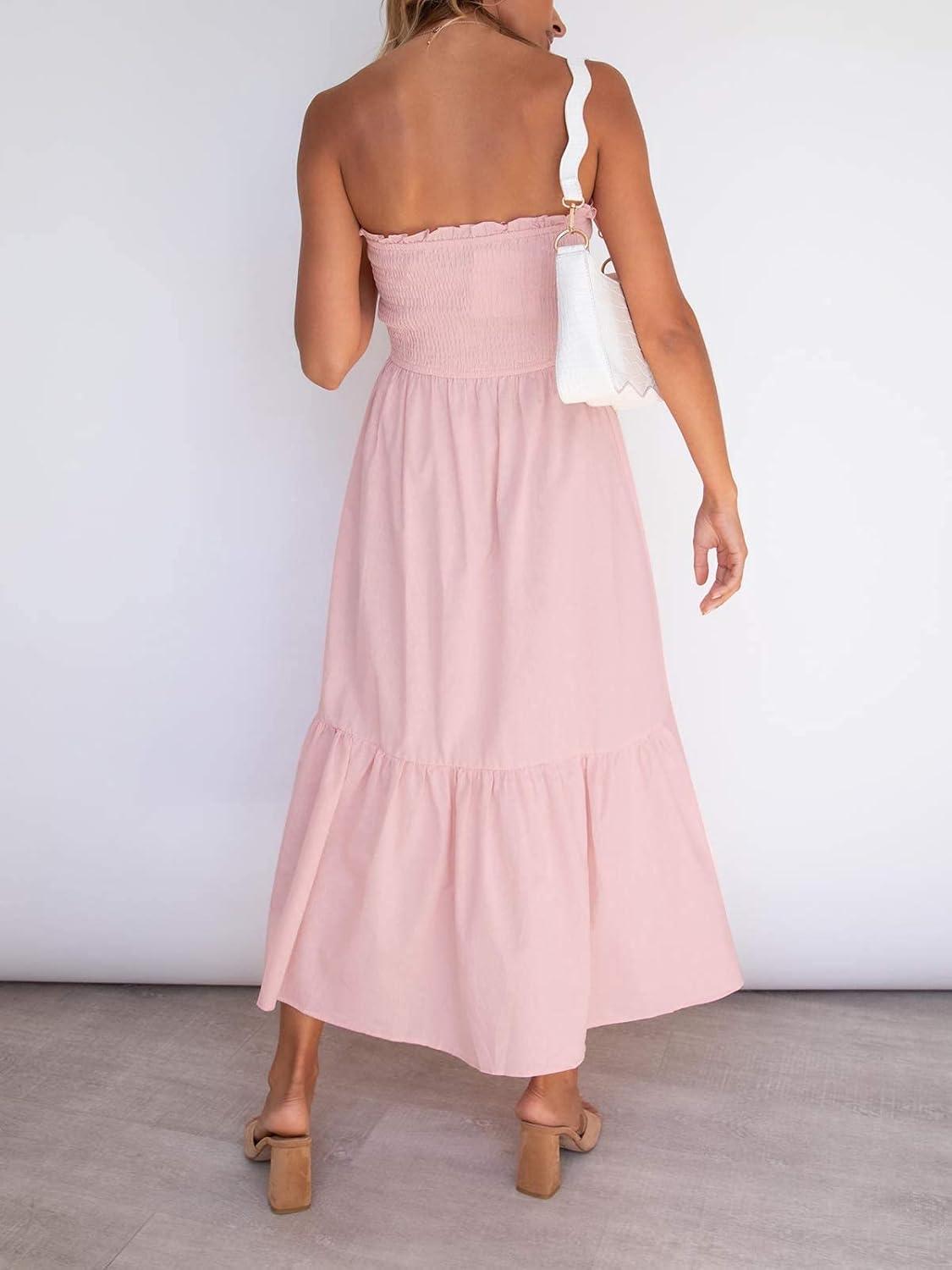 imageZESICA Womens Summer Boho Strapless Maxi Dress 2026 Casual Off Shoulder Smocked Flowy A Line Beach Holiday Long DressesSolid Blush Pink