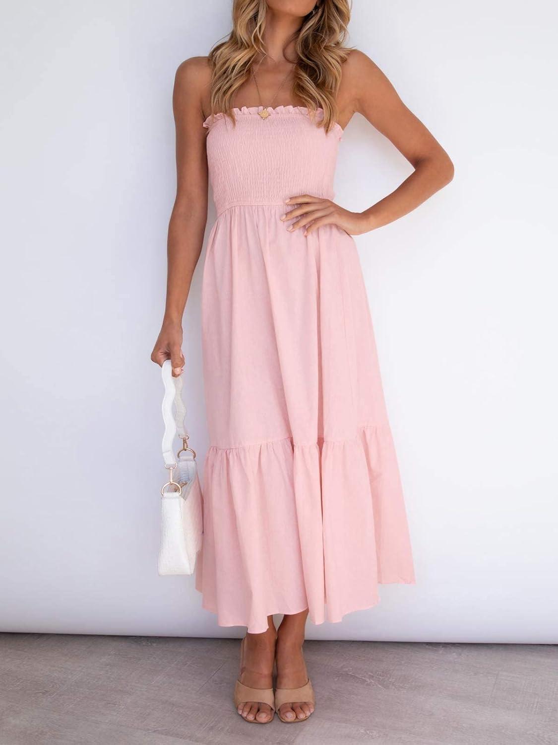 imageZESICA Womens Summer Boho Strapless Maxi Dress 2026 Casual Off Shoulder Smocked Flowy A Line Beach Holiday Long DressesSolid Blush Pink