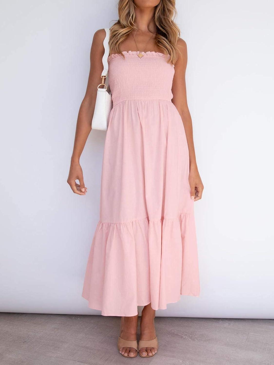 imageZESICA Womens Summer Boho Strapless Maxi Dress 2026 Casual Off Shoulder Smocked Flowy A Line Beach Holiday Long DressesSolid Blush Pink
