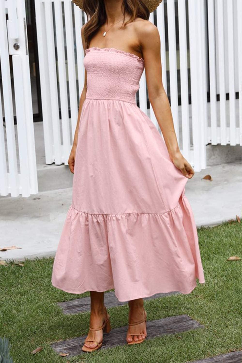 imageZESICA Womens Summer Boho Strapless Maxi Dress 2026 Casual Off Shoulder Smocked Flowy A Line Beach Holiday Long DressesSolid Blush Pink