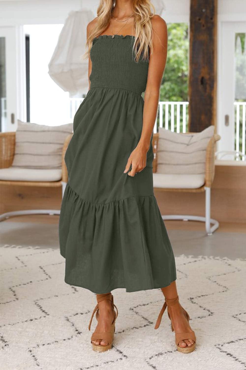 imageZESICA Womens Summer Boho Strapless Maxi Dress 2026 Casual Off Shoulder Smocked Flowy A Line Beach Holiday Long DressesSolidarmygreen