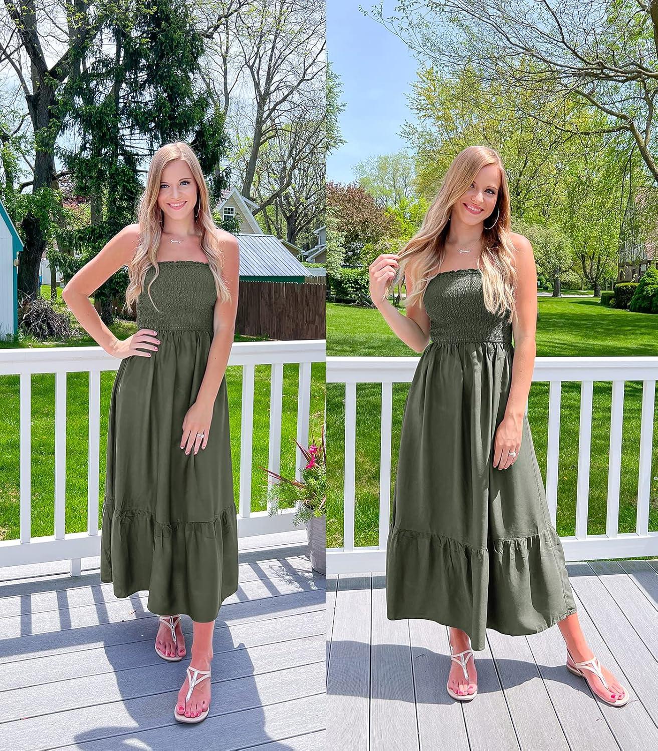 imageZESICA Womens Summer Boho Strapless Maxi Dress 2026 Casual Off Shoulder Smocked Flowy A Line Beach Holiday Long DressesSolidarmygreen