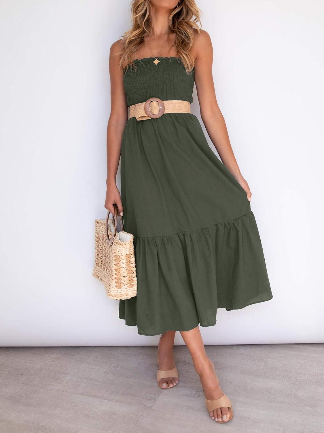imageZESICA Womens Summer Boho Strapless Maxi Dress 2026 Casual Off Shoulder Smocked Flowy A Line Beach Holiday Long DressesSolidarmygreen