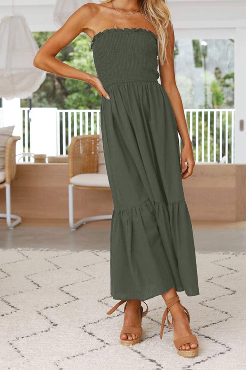 imageZESICA Womens Summer Boho Strapless Maxi Dress 2026 Casual Off Shoulder Smocked Flowy A Line Beach Holiday Long DressesSolidarmygreen