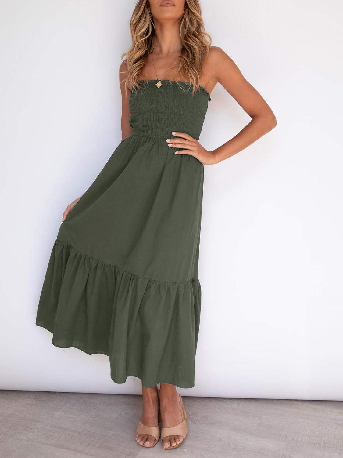 imageZESICA Womens Summer Boho Strapless Maxi Dress 2026 Casual Off Shoulder Smocked Flowy A Line Beach Holiday Long DressesSolidarmygreen