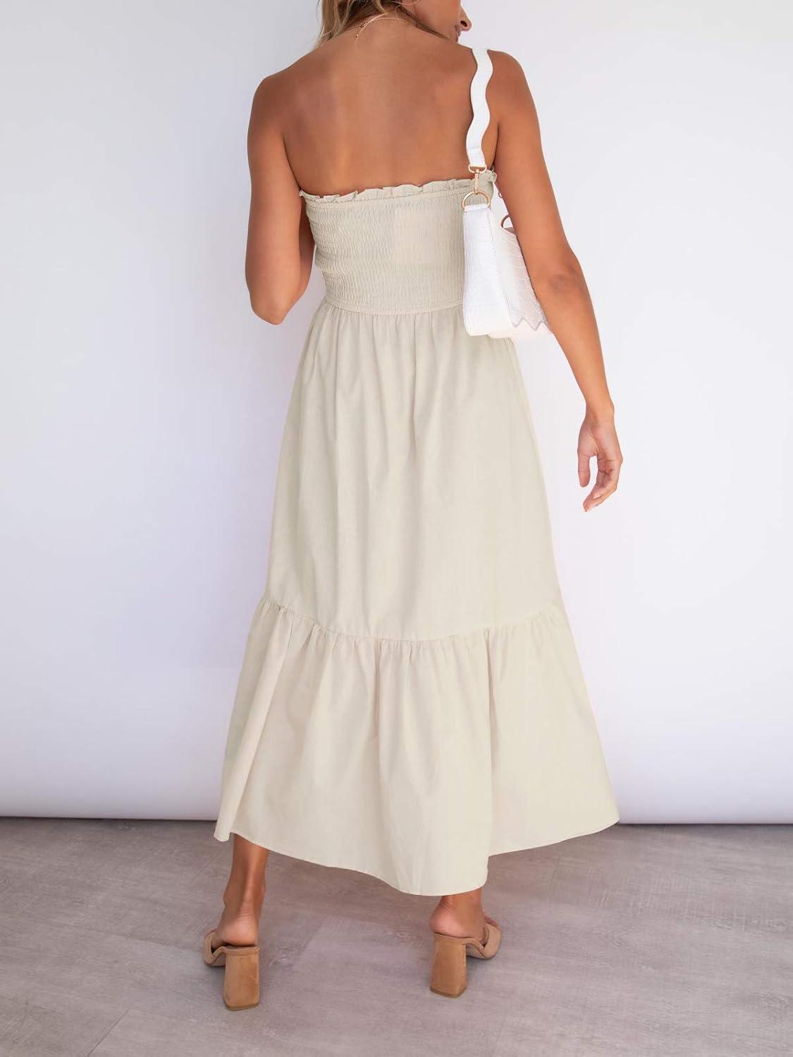 imageZESICA Womens Summer Boho Strapless Maxi Dress 2026 Casual Off Shoulder Smocked Flowy A Line Beach Holiday Long DressesSolidbeige