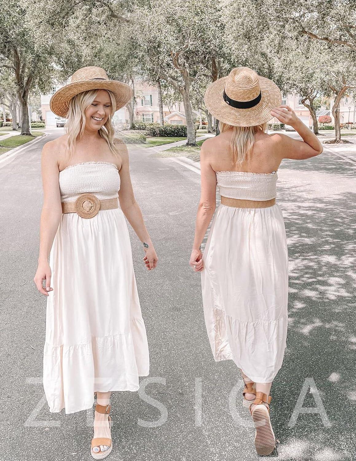 imageZESICA Womens Summer Boho Strapless Maxi Dress 2026 Casual Off Shoulder Smocked Flowy A Line Beach Holiday Long DressesSolidbeige