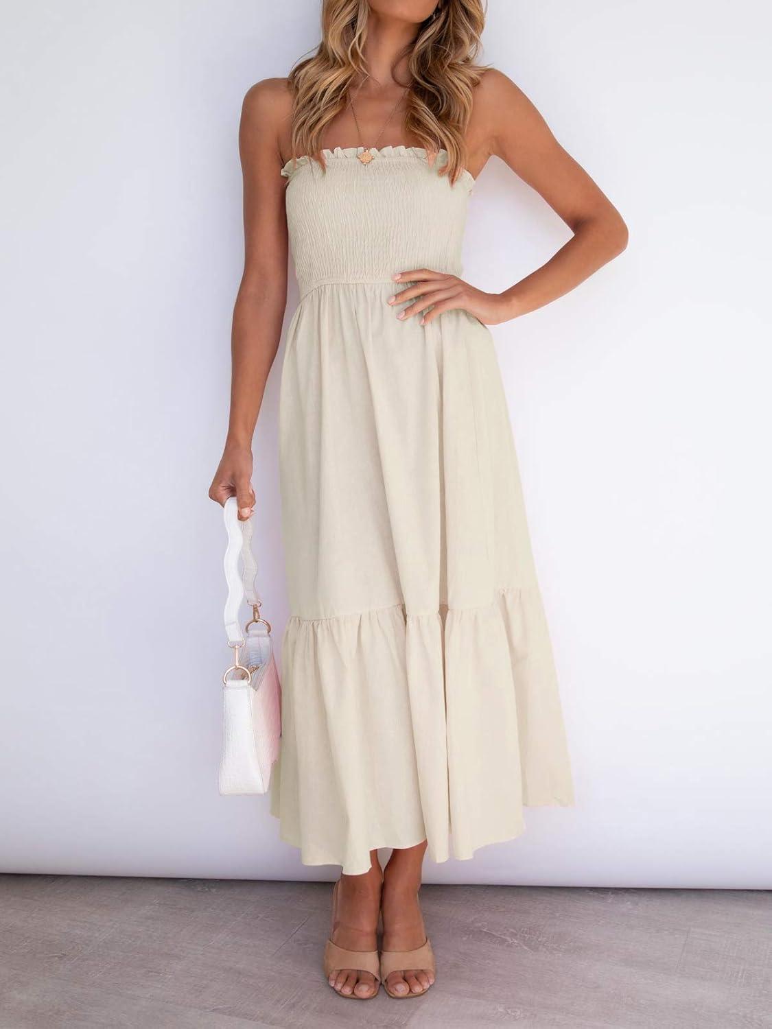 imageZESICA Womens Summer Boho Strapless Maxi Dress 2026 Casual Off Shoulder Smocked Flowy A Line Beach Holiday Long DressesSolidbeige