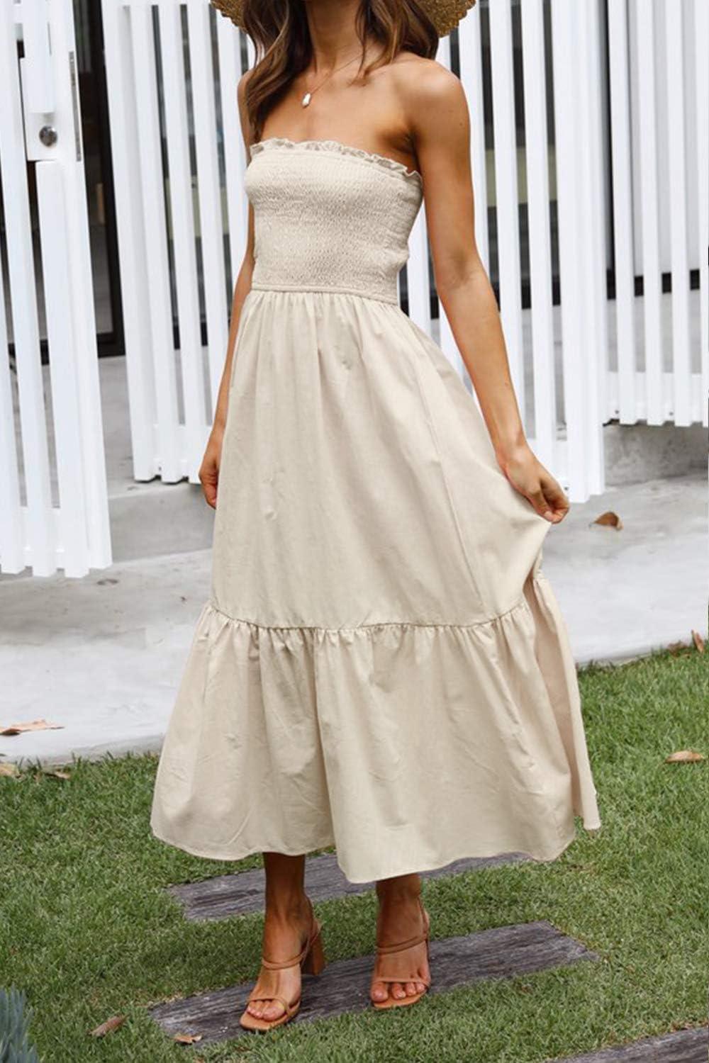 imageZESICA Womens Summer Boho Strapless Maxi Dress 2026 Casual Off Shoulder Smocked Flowy A Line Beach Holiday Long DressesSolidbeige