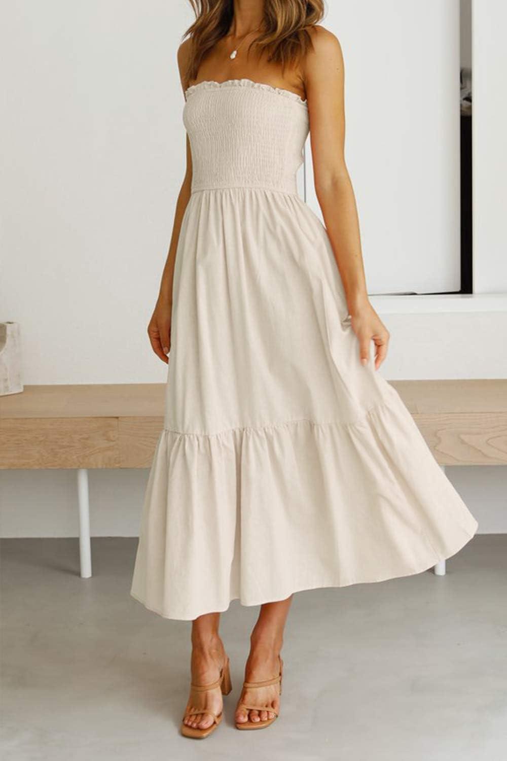 imageZESICA Womens Summer Boho Strapless Maxi Dress 2026 Casual Off Shoulder Smocked Flowy A Line Beach Holiday Long DressesSolidbeige