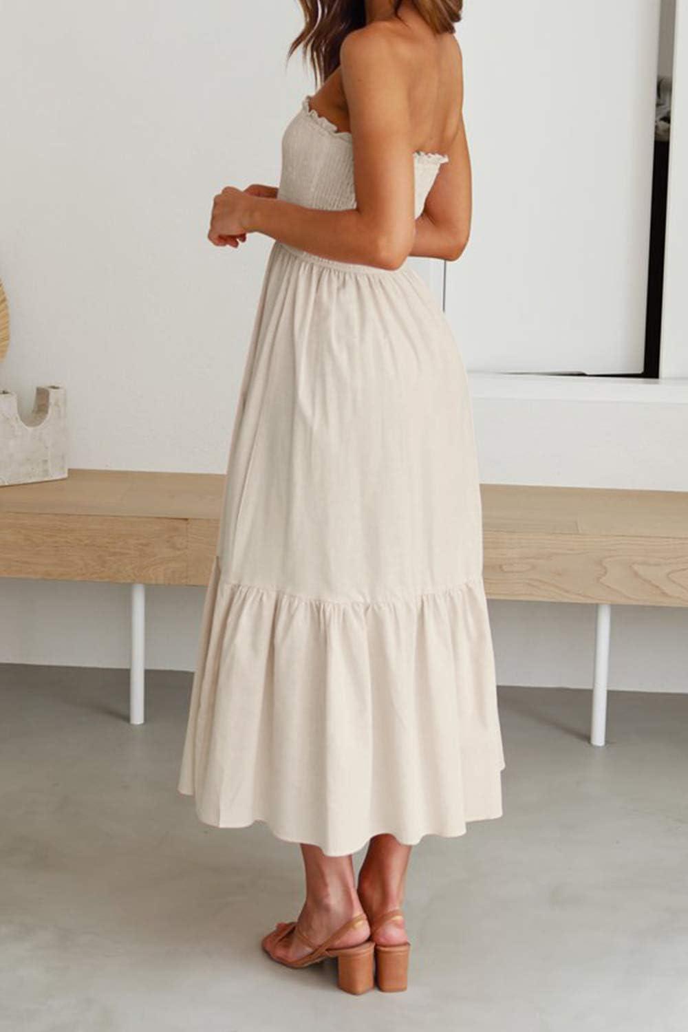 imageZESICA Womens Summer Boho Strapless Maxi Dress 2026 Casual Off Shoulder Smocked Flowy A Line Beach Holiday Long DressesSolidbeige