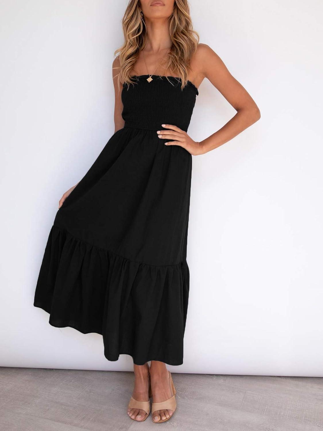imageZESICA Womens Summer Boho Strapless Maxi Dress 2026 Casual Off Shoulder Smocked Flowy A Line Beach Holiday Long DressesSolidblack
