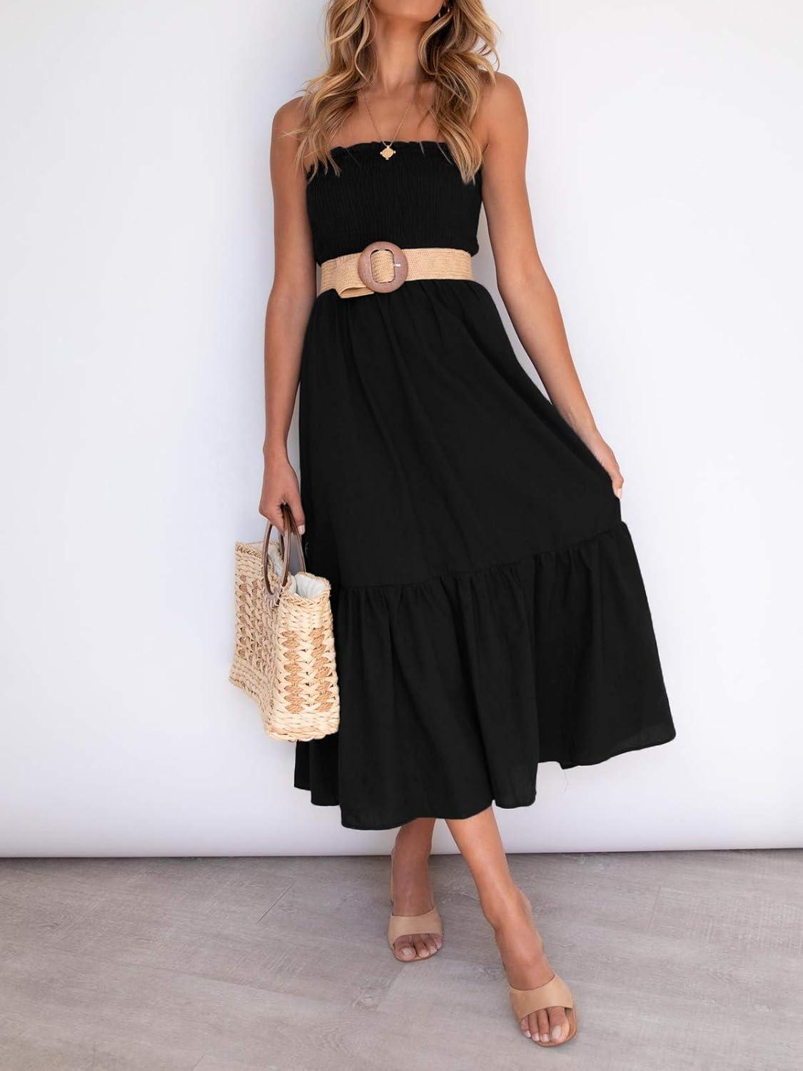 imageZESICA Womens Summer Boho Strapless Maxi Dress 2026 Casual Off Shoulder Smocked Flowy A Line Beach Holiday Long DressesSolidblack