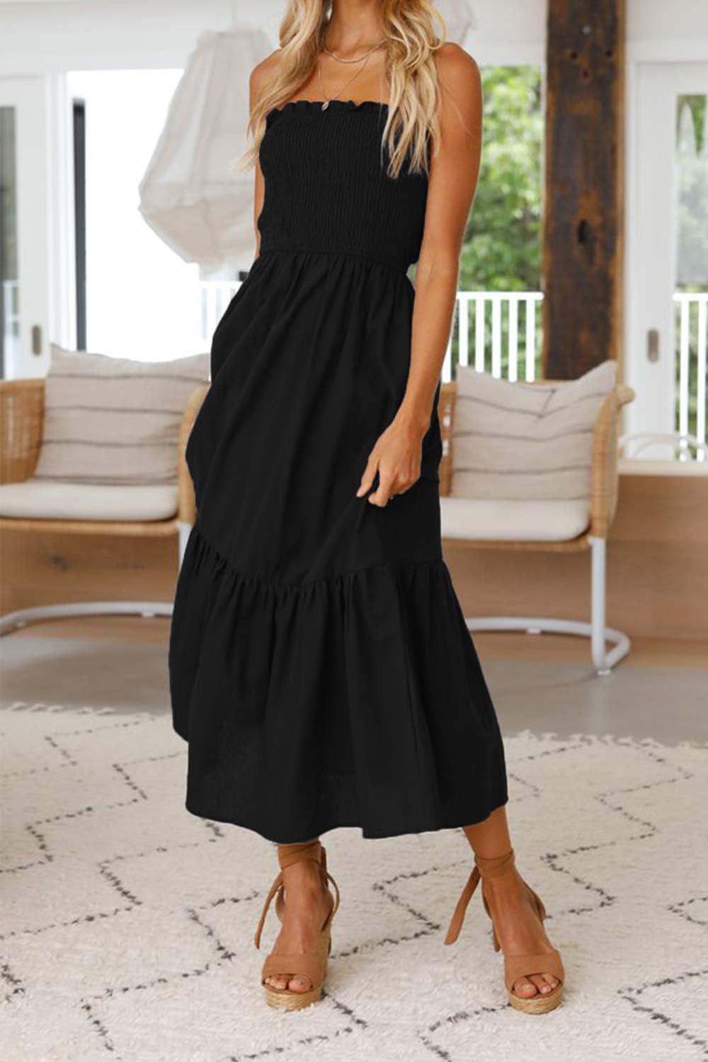 imageZESICA Womens Summer Boho Strapless Maxi Dress 2026 Casual Off Shoulder Smocked Flowy A Line Beach Holiday Long DressesSolidblack