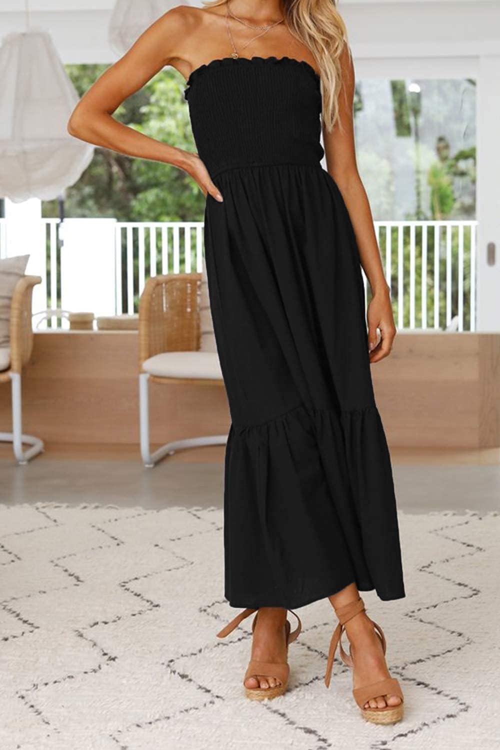 imageZESICA Womens Summer Boho Strapless Maxi Dress 2026 Casual Off Shoulder Smocked Flowy A Line Beach Holiday Long DressesSolidblack
