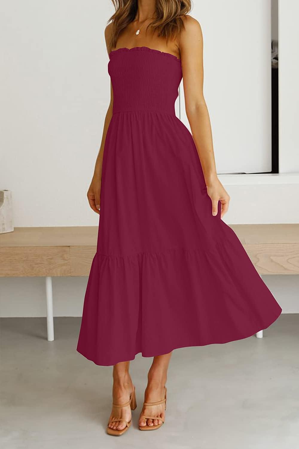imageZESICA Womens Summer Boho Strapless Maxi Dress 2026 Casual Off Shoulder Smocked Flowy A Line Beach Holiday Long DressesSolidfuchsia