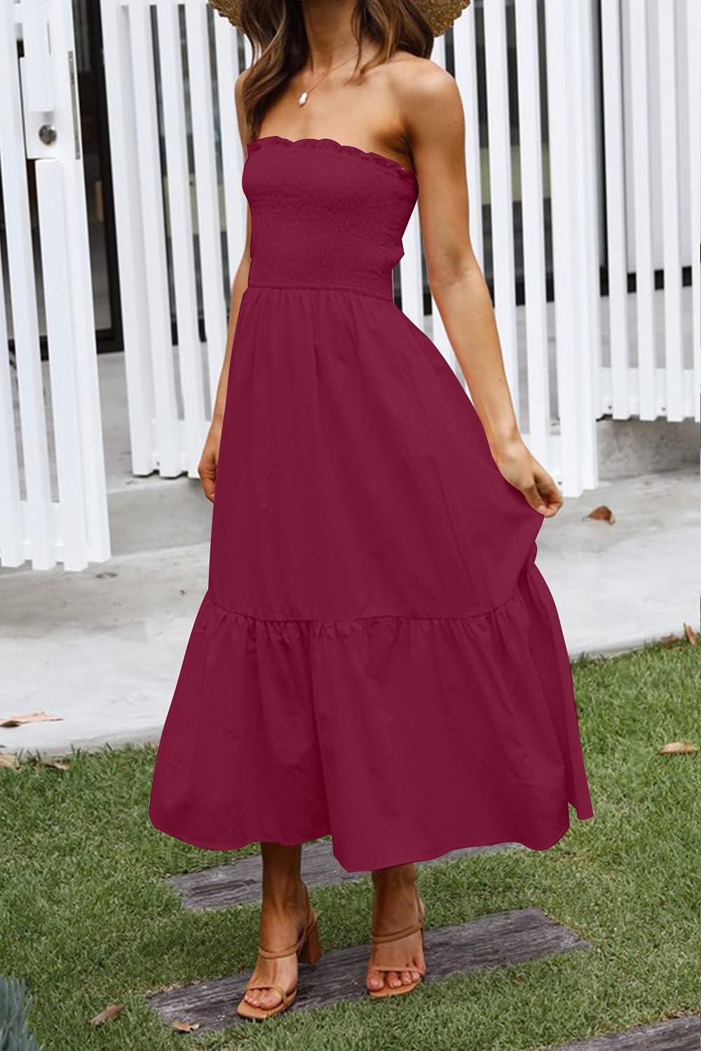 imageZESICA Womens Summer Boho Strapless Maxi Dress 2026 Casual Off Shoulder Smocked Flowy A Line Beach Holiday Long DressesSolidfuchsia