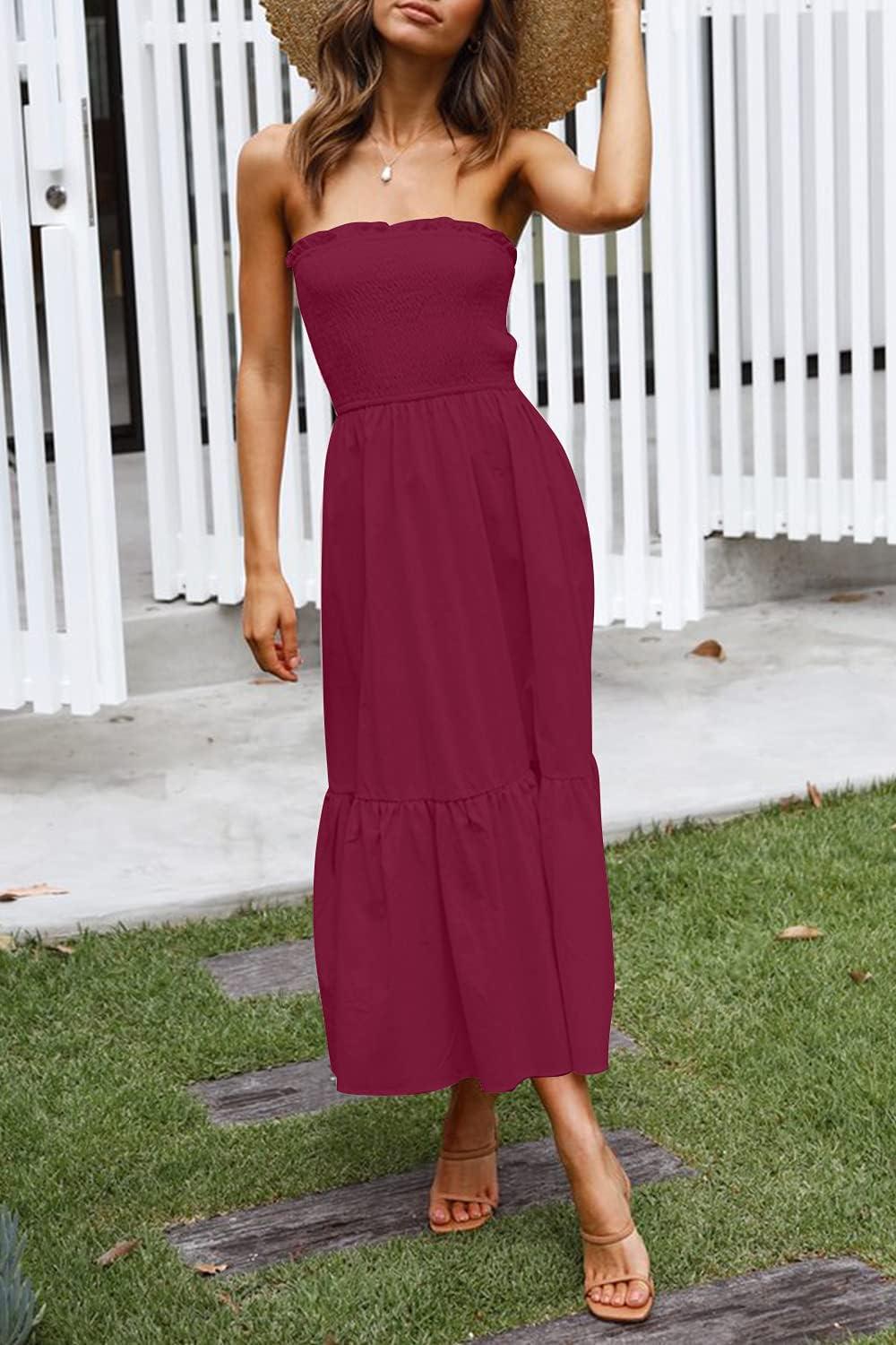 imageZESICA Womens Summer Boho Strapless Maxi Dress 2026 Casual Off Shoulder Smocked Flowy A Line Beach Holiday Long DressesSolidfuchsia