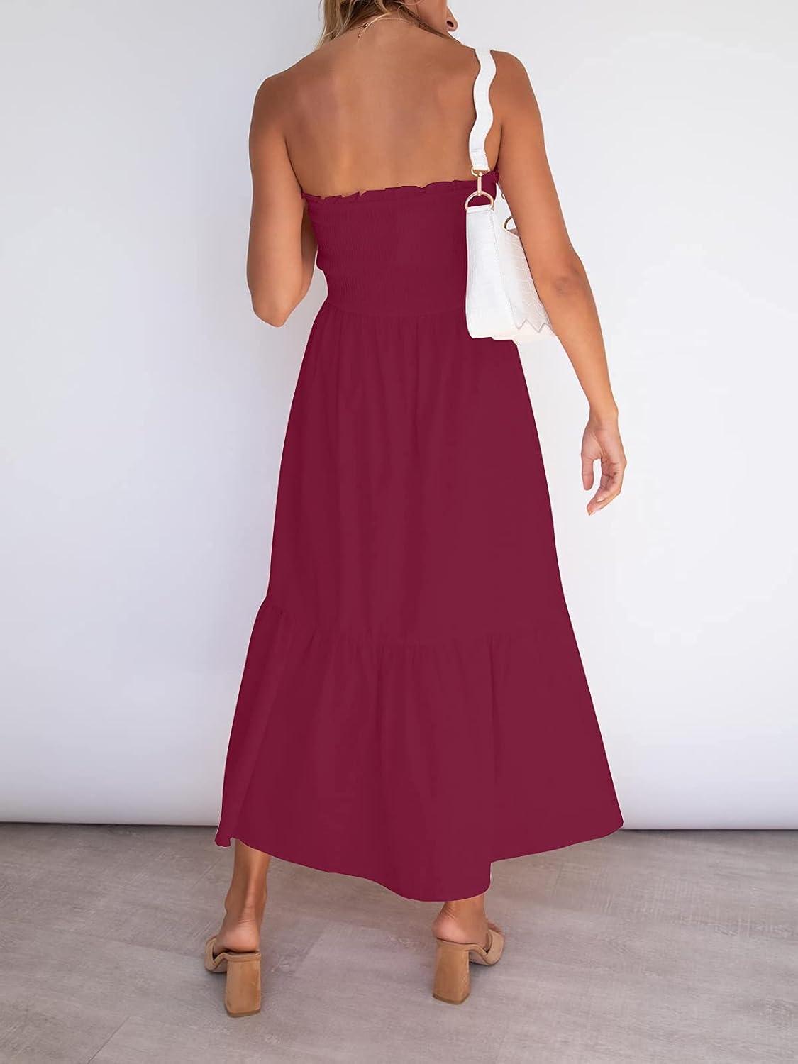 imageZESICA Womens Summer Boho Strapless Maxi Dress 2026 Casual Off Shoulder Smocked Flowy A Line Beach Holiday Long DressesSolidfuchsia