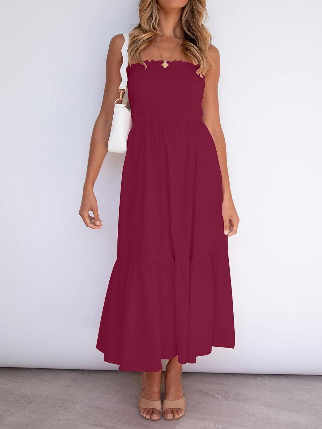 imageZESICA Womens Summer Boho Strapless Maxi Dress 2026 Casual Off Shoulder Smocked Flowy A Line Beach Holiday Long DressesSolidfuchsia