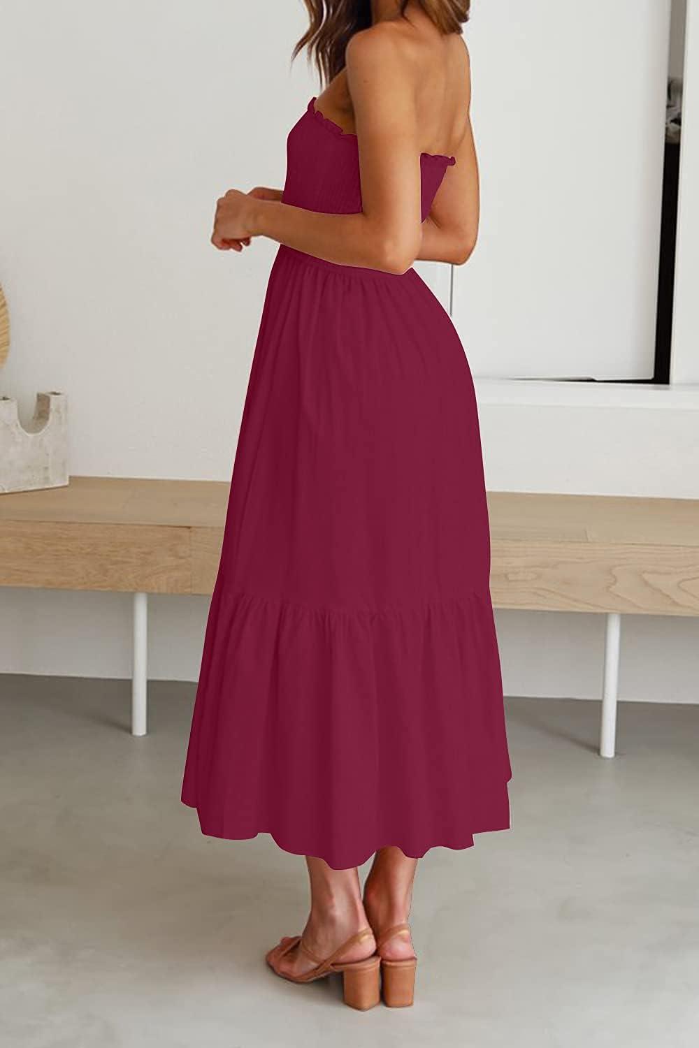 imageZESICA Womens Summer Boho Strapless Maxi Dress 2026 Casual Off Shoulder Smocked Flowy A Line Beach Holiday Long DressesSolidfuchsia
