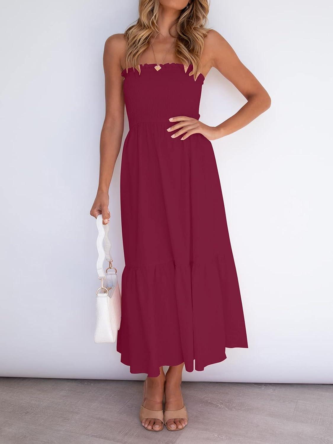 imageZESICA Womens Summer Boho Strapless Maxi Dress 2026 Casual Off Shoulder Smocked Flowy A Line Beach Holiday Long DressesSolidfuchsia