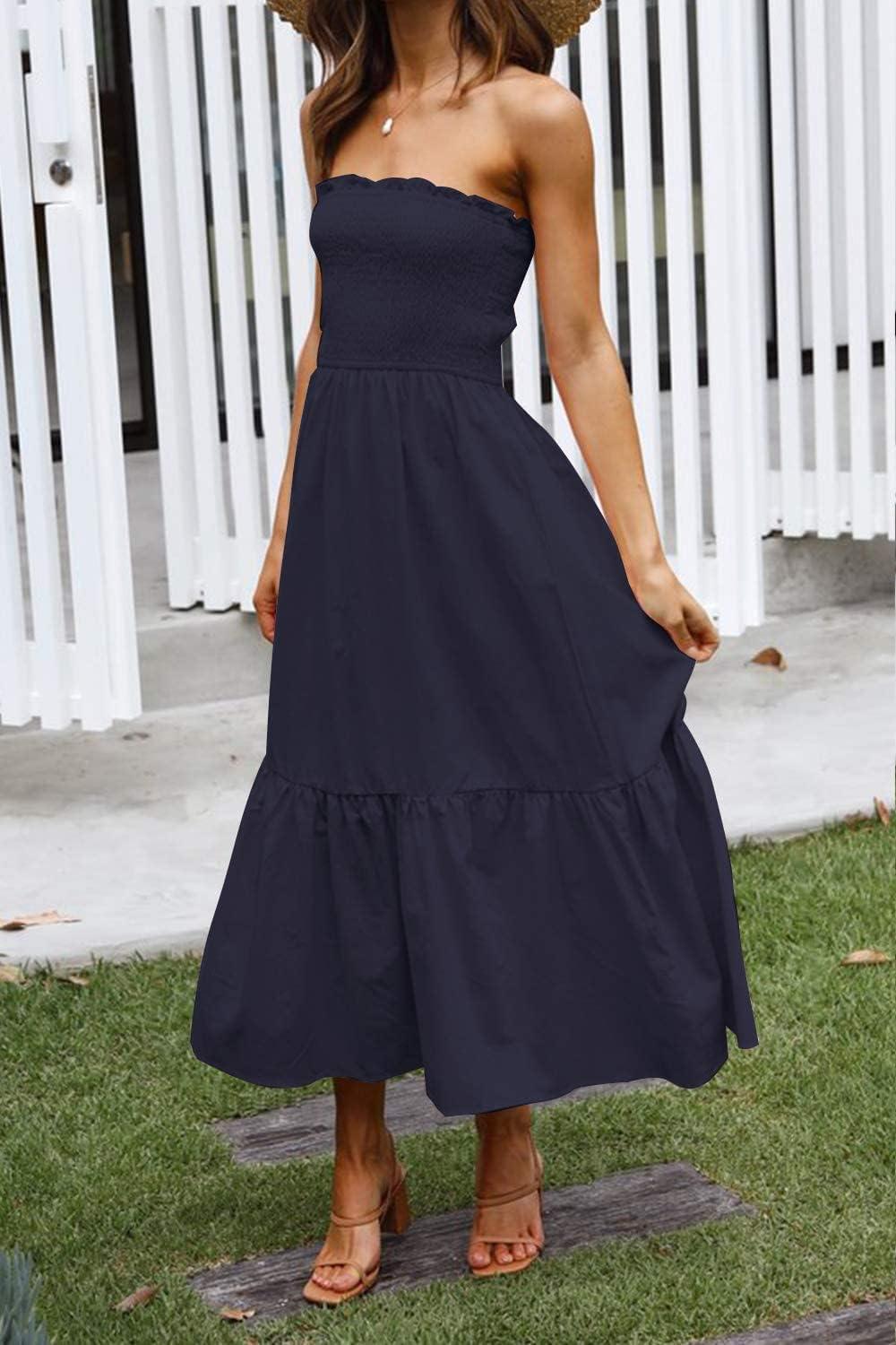 imageZESICA Womens Summer Boho Strapless Maxi Dress 2026 Casual Off Shoulder Smocked Flowy A Line Beach Holiday Long DressesSolidnavy