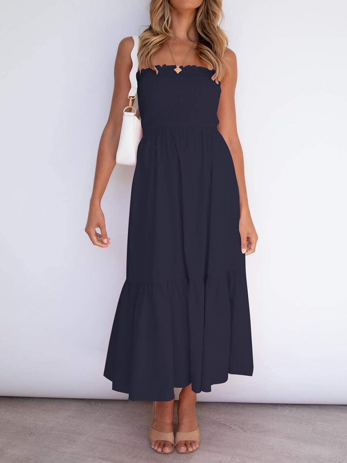imageZESICA Womens Summer Boho Strapless Maxi Dress 2026 Casual Off Shoulder Smocked Flowy A Line Beach Holiday Long DressesSolidnavy