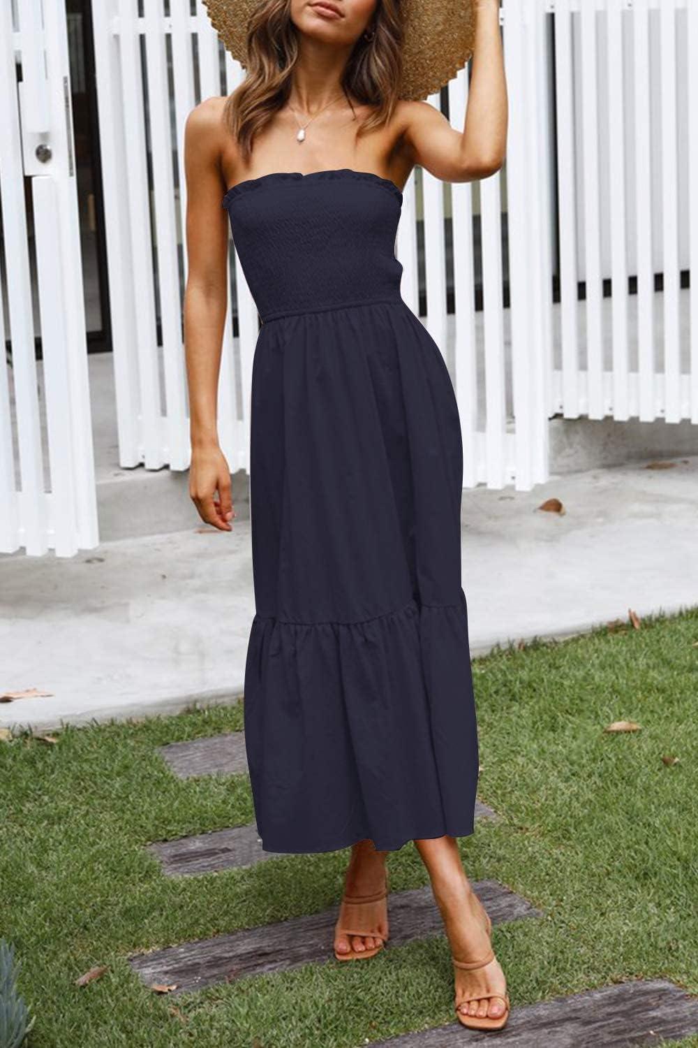 imageZESICA Womens Summer Boho Strapless Maxi Dress 2026 Casual Off Shoulder Smocked Flowy A Line Beach Holiday Long DressesSolidnavy
