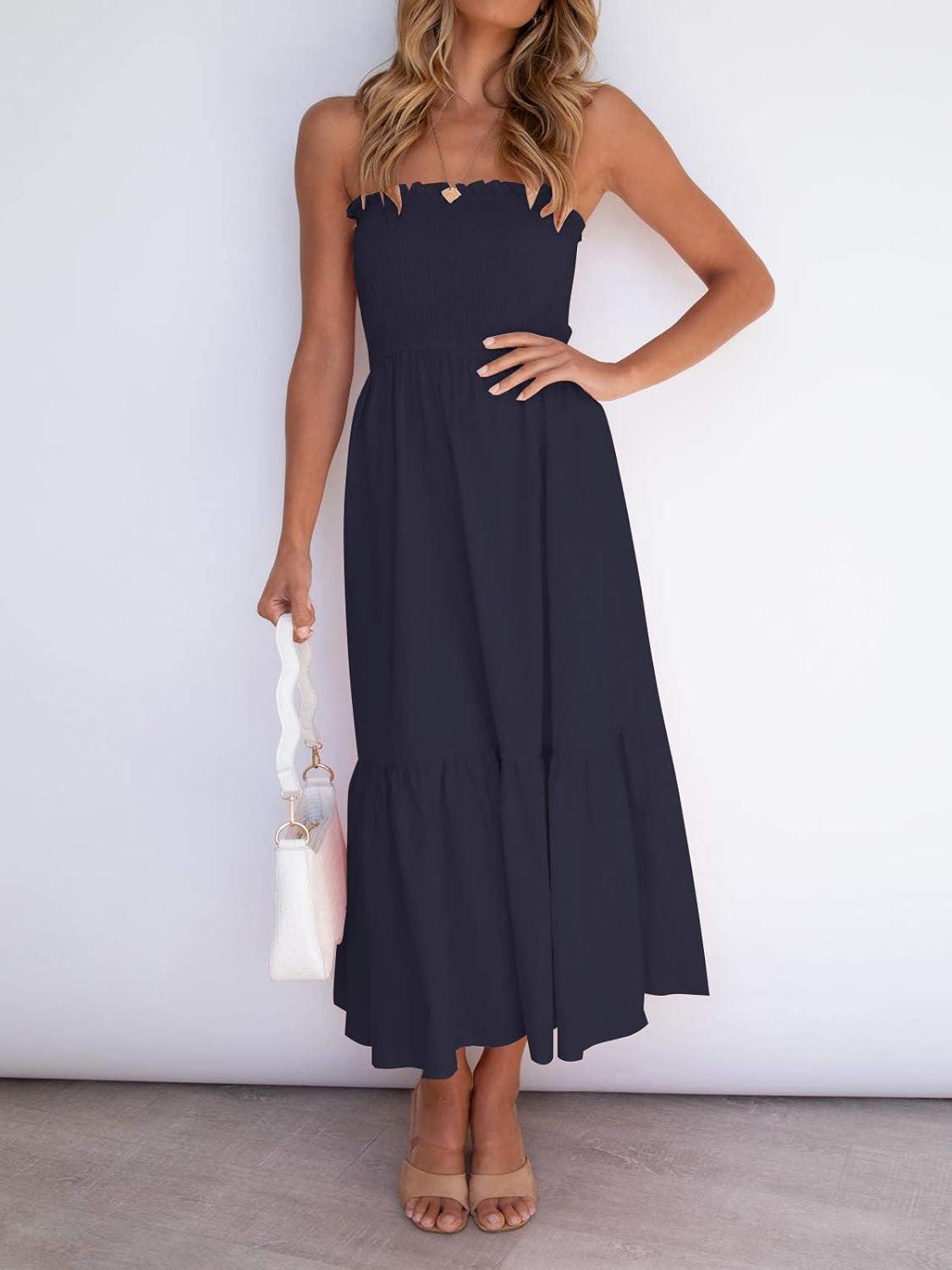 imageZESICA Womens Summer Boho Strapless Maxi Dress 2026 Casual Off Shoulder Smocked Flowy A Line Beach Holiday Long DressesSolidnavy