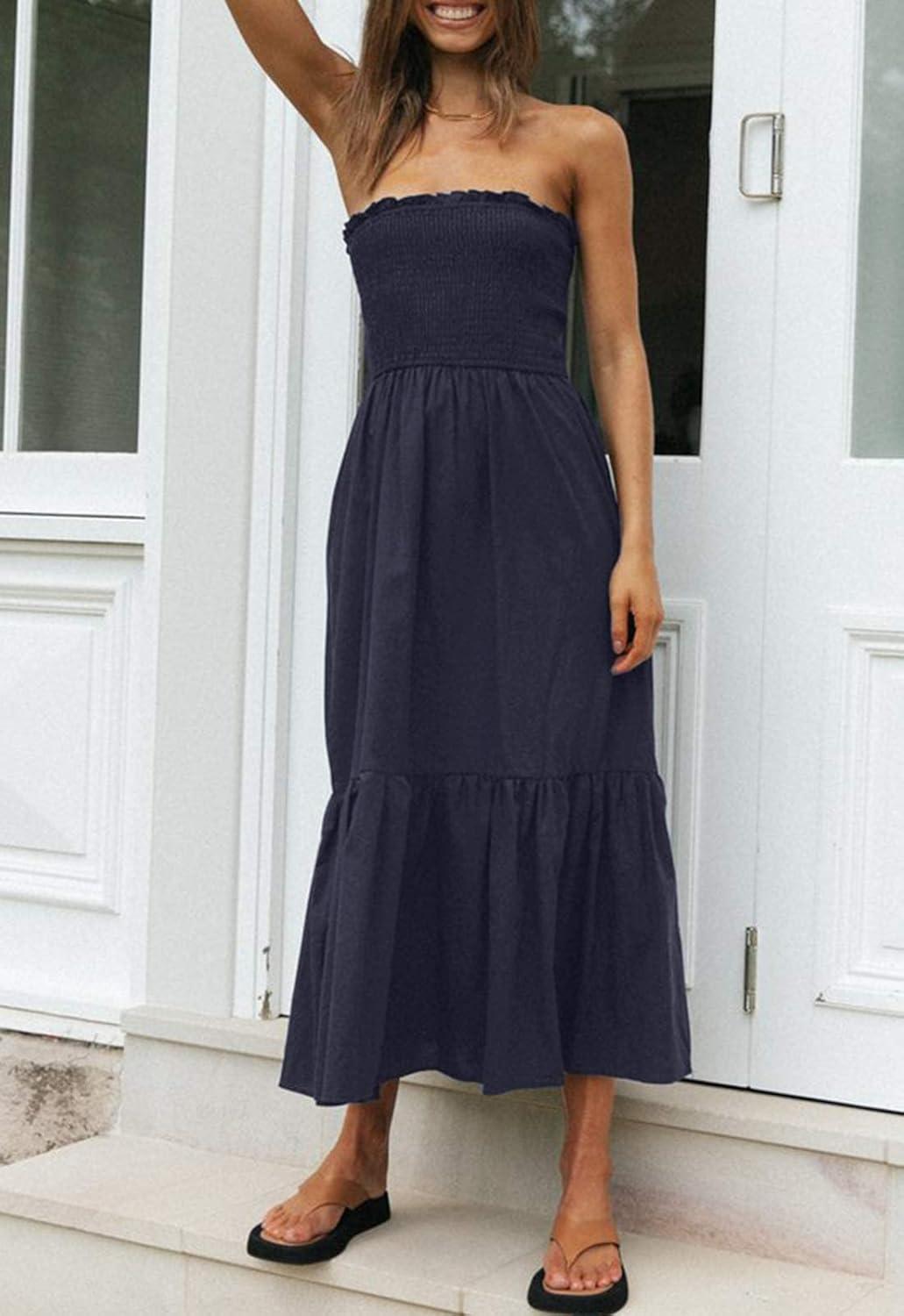 imageZESICA Womens Summer Boho Strapless Maxi Dress 2026 Casual Off Shoulder Smocked Flowy A Line Beach Holiday Long DressesSolidnavy