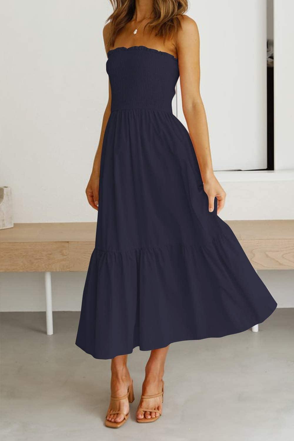 imageZESICA Womens Summer Boho Strapless Maxi Dress 2026 Casual Off Shoulder Smocked Flowy A Line Beach Holiday Long DressesSolidnavy