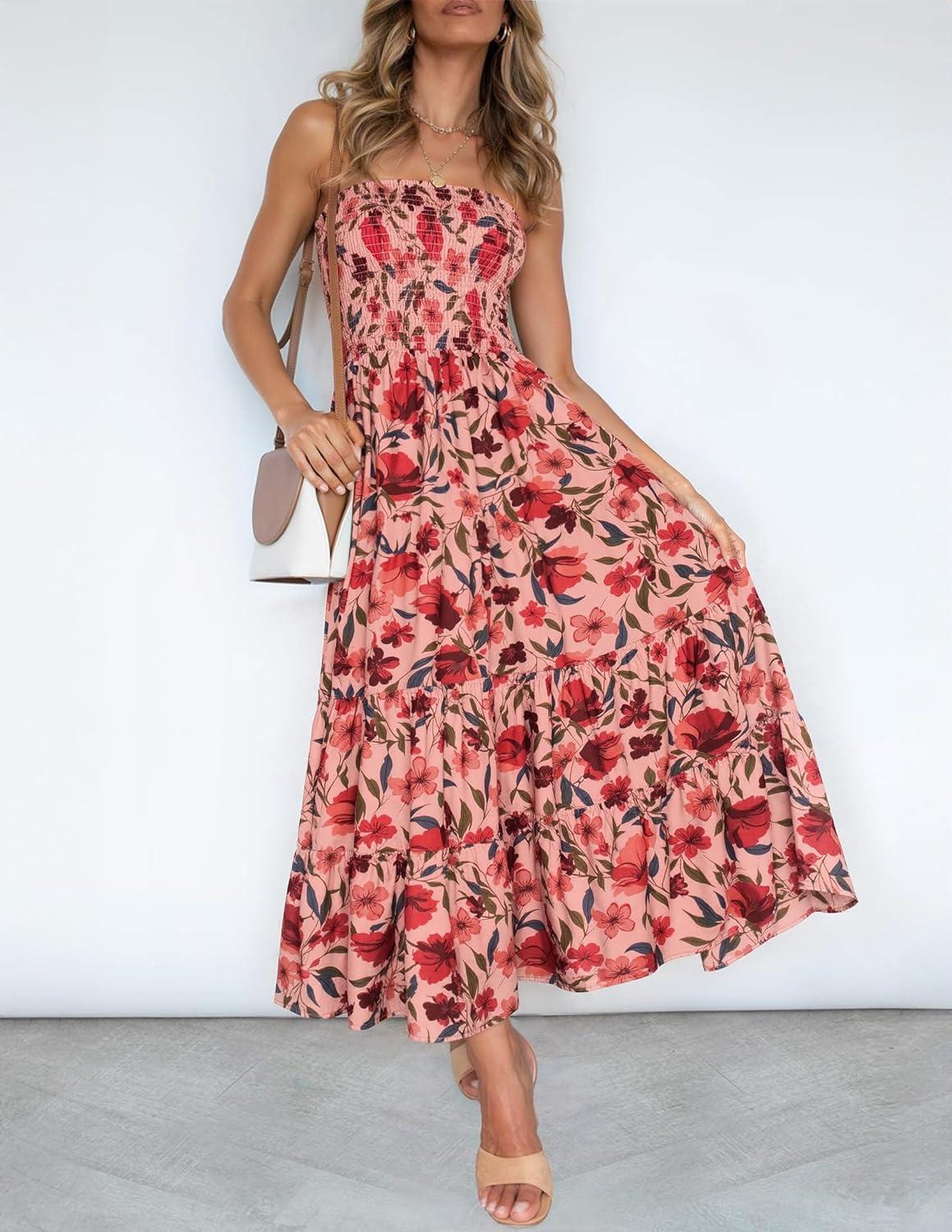 imageZESICA Womens Summer Boho Strapless Maxi Dress 2026 Casual Off Shoulder Smocked Flowy A Line Beach Holiday Long DressesVintage Pink
