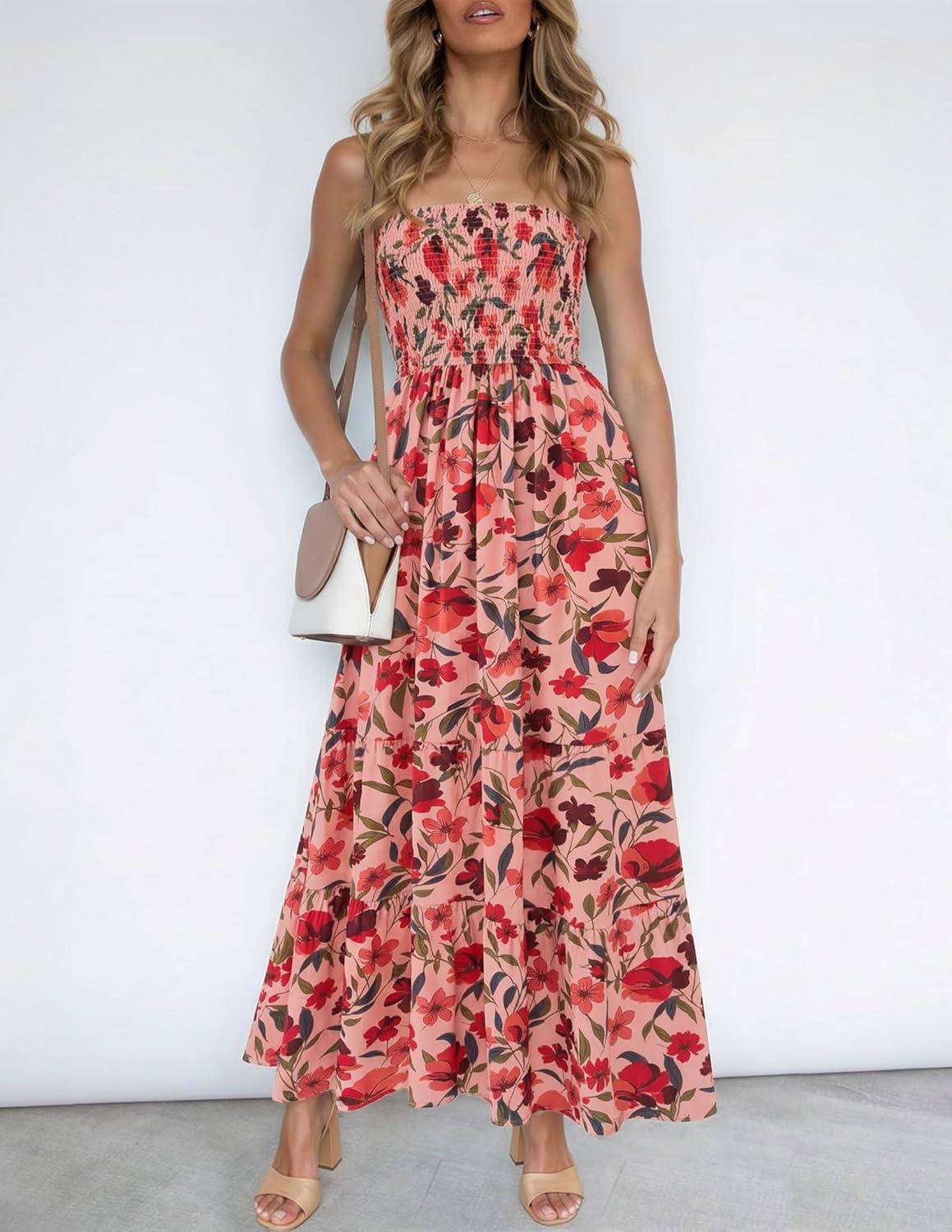 imageZESICA Womens Summer Boho Strapless Maxi Dress 2026 Casual Off Shoulder Smocked Flowy A Line Beach Holiday Long DressesVintage Pink
