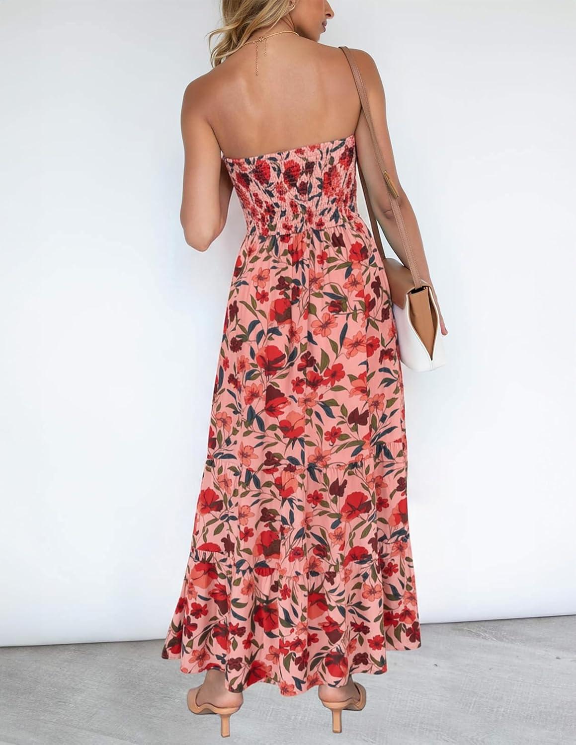imageZESICA Womens Summer Boho Strapless Maxi Dress 2026 Casual Off Shoulder Smocked Flowy A Line Beach Holiday Long DressesVintage Pink