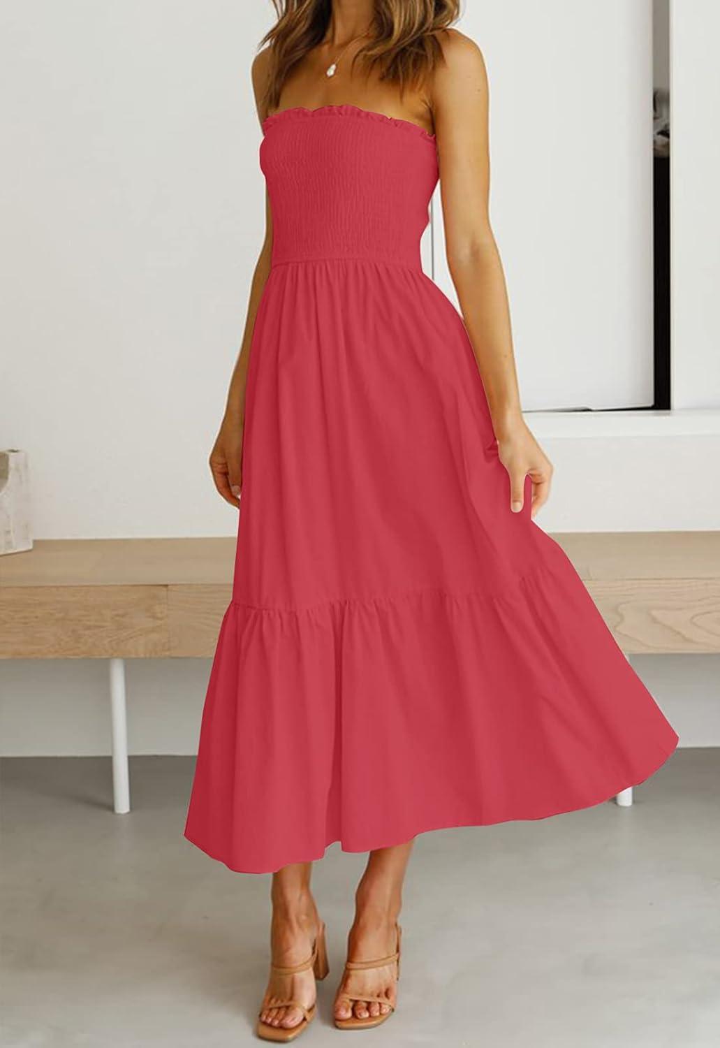 imageZESICA Womens Summer Boho Strapless Maxi Dress 2026 Casual Off Shoulder Smocked Flowy A Line Beach Holiday Long DressesWatermelon