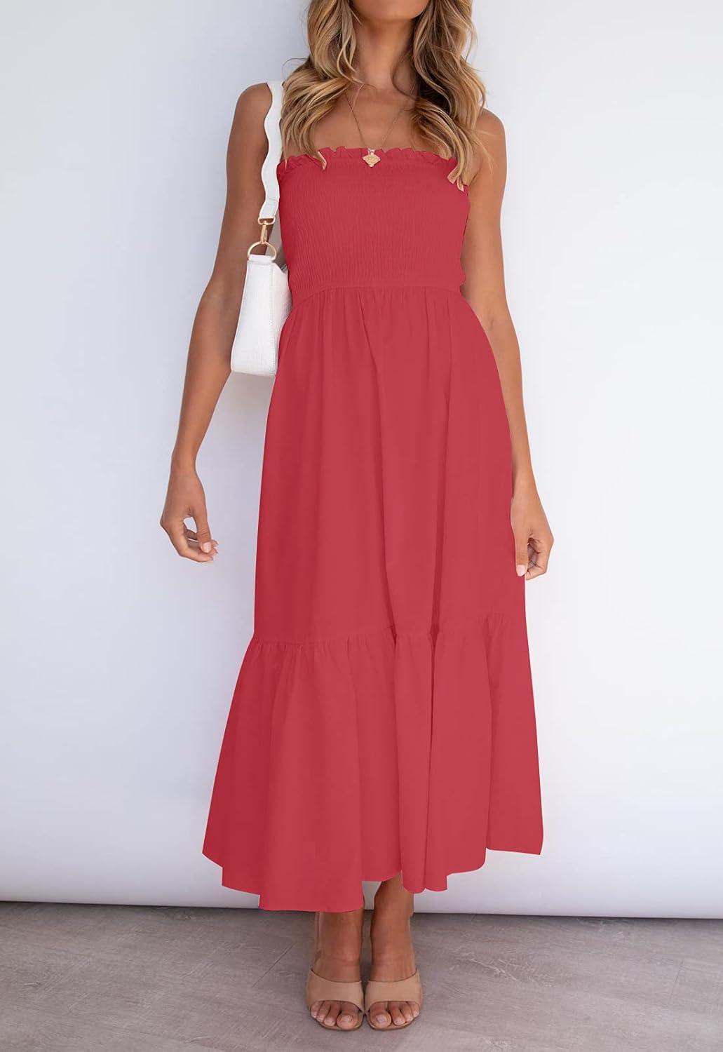 imageZESICA Womens Summer Boho Strapless Maxi Dress 2026 Casual Off Shoulder Smocked Flowy A Line Beach Holiday Long DressesWatermelon