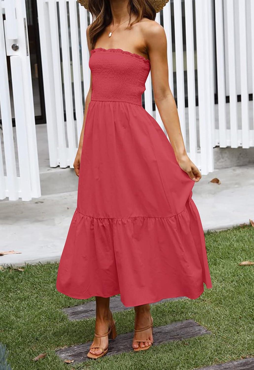 imageZESICA Womens Summer Boho Strapless Maxi Dress 2026 Casual Off Shoulder Smocked Flowy A Line Beach Holiday Long DressesWatermelon