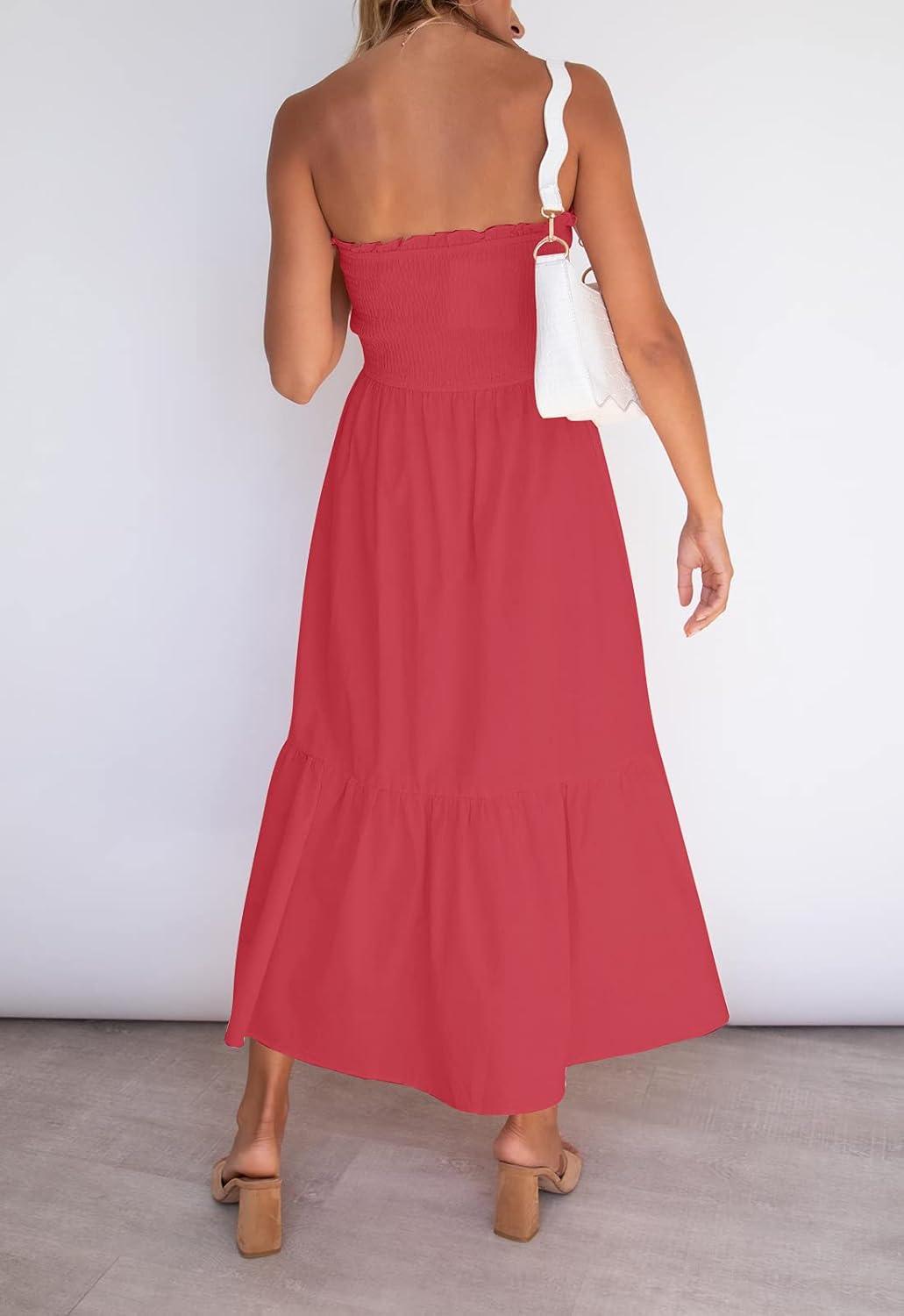 imageZESICA Womens Summer Boho Strapless Maxi Dress 2026 Casual Off Shoulder Smocked Flowy A Line Beach Holiday Long DressesWatermelon