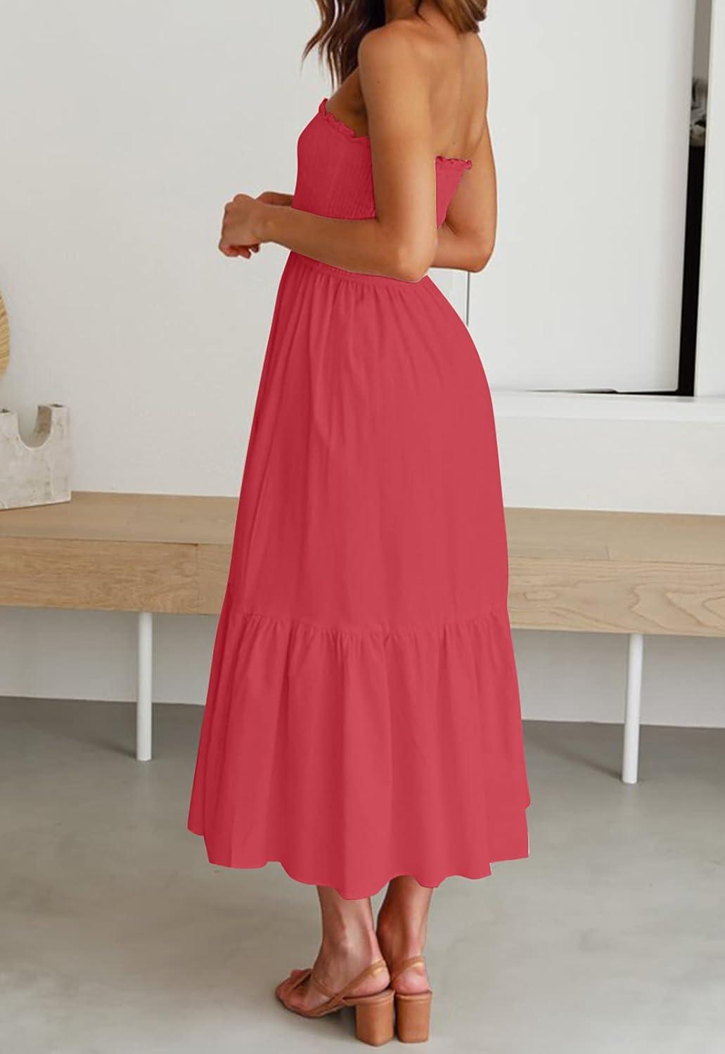 imageZESICA Womens Summer Boho Strapless Maxi Dress 2026 Casual Off Shoulder Smocked Flowy A Line Beach Holiday Long DressesWatermelon