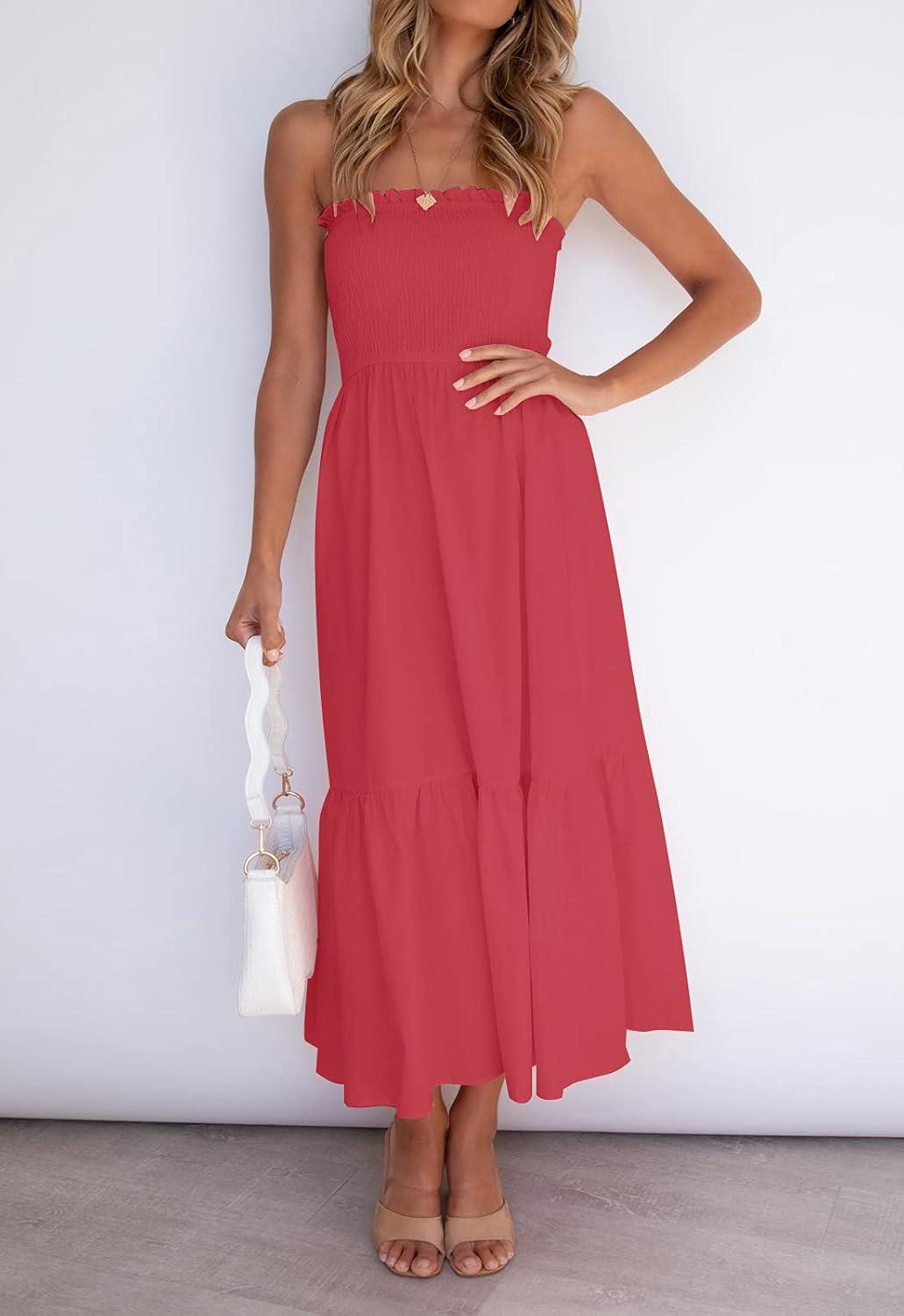 imageZESICA Womens Summer Boho Strapless Maxi Dress 2026 Casual Off Shoulder Smocked Flowy A Line Beach Holiday Long DressesWatermelon